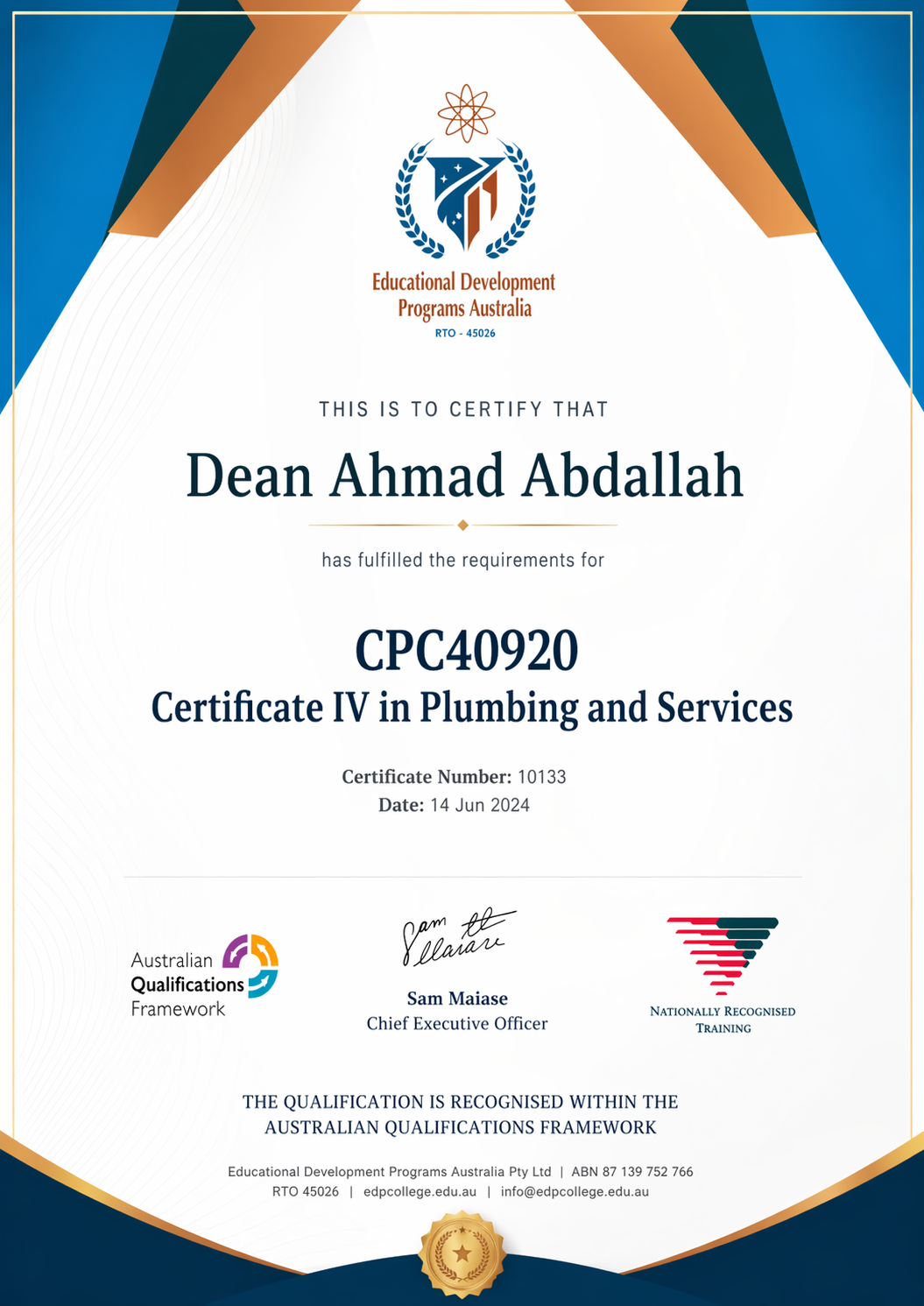 Precision Plumbing Certificate